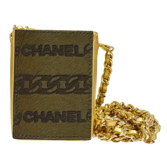 CHANEL CC Mini Chain Shoulder Pochette Khaki Gold Fur Leather - Picture 1 of 10